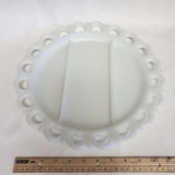 Vintage Milk Glass Divided Serving Tray with Scalloped Heart Trim