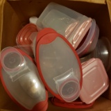 Large Box Lot of Assorted Plastic Dishes and Storage Containers