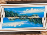 Large Framed Original Oil Painting of Tropical Waterfront with Brilliant Colors