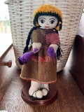 Folk Art Hand Crafted Doll on Wooden Base with Stand