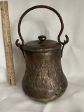 Antique Brass & Copper Hammered Etched Pot with Lid