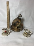 Vintage Inarco Ceramic Bird Figurine and 2 Miniature Cups with Attached Saucers