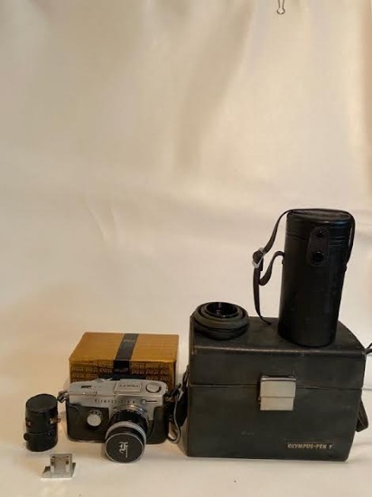 Vintage Olympus Pen F Camera with Leather Case, Film Holder with Hard Leather Carrying Case