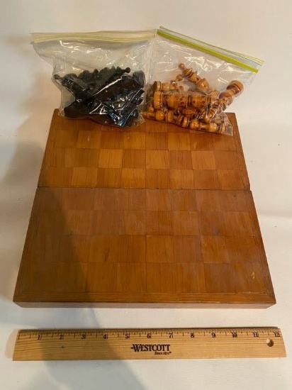 Vintage Chess Set -  with Hinged Wooden Storage Box Playing Board