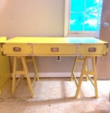 Mid-Century Color Mate Banana Yellow Campaign Desk with Saw Horse Style Legs Brass Handles & Accent