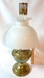 Vintage Oil Lamp with Brass Bottom & Milk Glass Shade