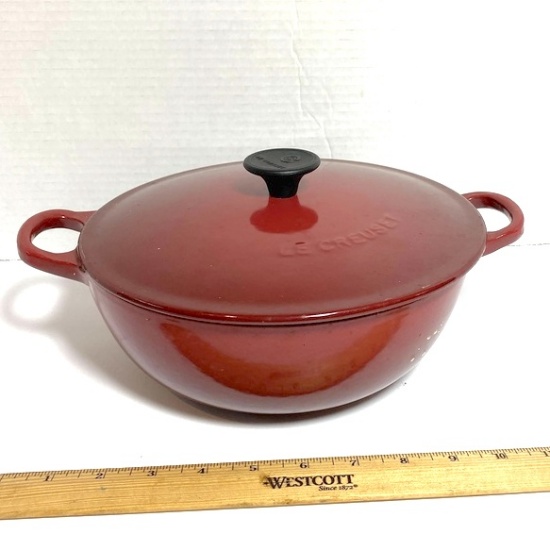 Red Coated Cast Iron Le Creuset Bowl with Handles & Lid Made in France