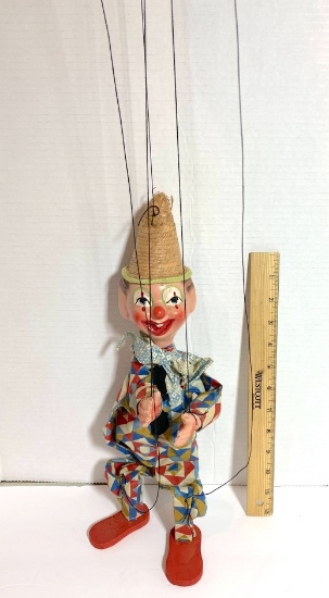 Vintage Clown Marionette on Strings with Wooden Handle, Feet