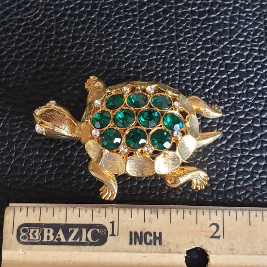 Vintage Green Rhinestone Turtle Brooch - Signed Lia