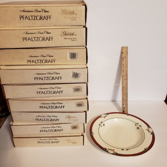 Lot of 10 Pfaltzgraff American Bone China Yuletide Rimmed Soup Bowls - New in Boxes
