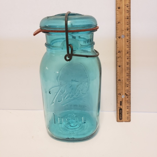Vintage Ball Quart Blue Bicentennial Jar with Bail Wire and Glass Lid