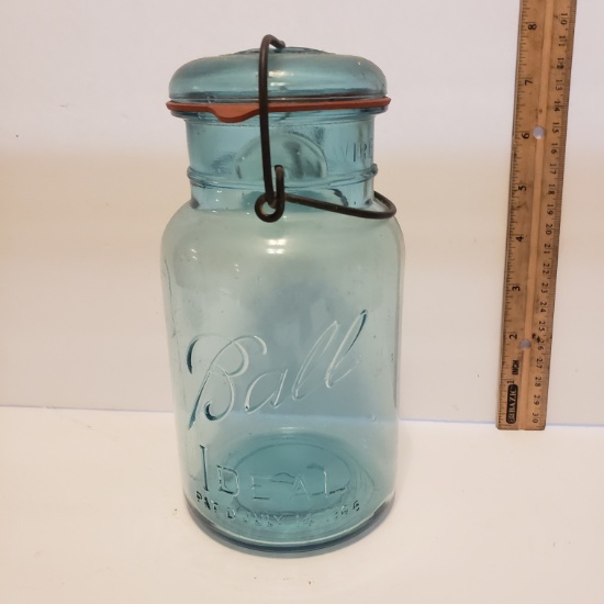 Vintage Ball Ideal Quart Size Blue Canning Jar with Bail Wire and Glass Lid