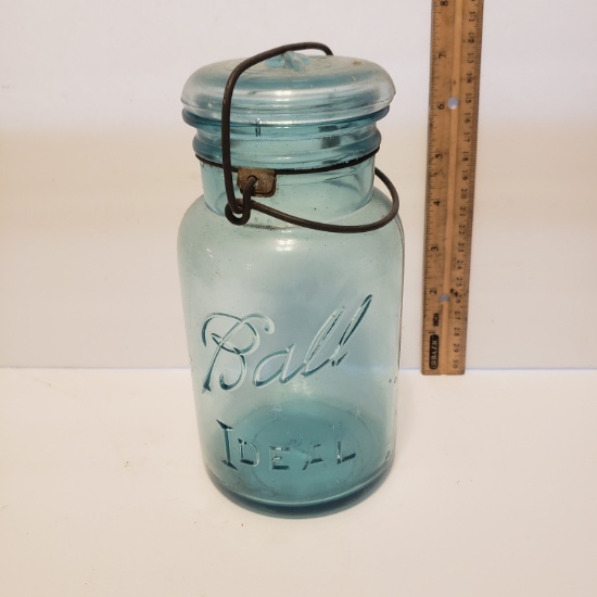 Vintage Ball Ideal Quart Size Blue Canning Jar with Bail Wire and Glass Lid