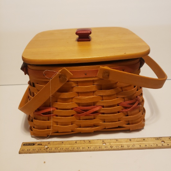Signed Longaberger Basket with Wood Lid and Plastic Divided Trays