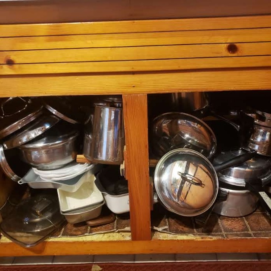 Cabinet Lot of Assorted Pots and Pans
