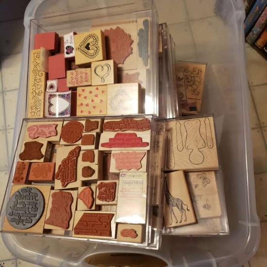 Huge Tote Lot of Assorted Wood Block Rubber Stamps