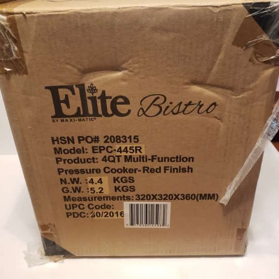 New in Box Elite Bistro 4 Qt Pressure Cooker - Red