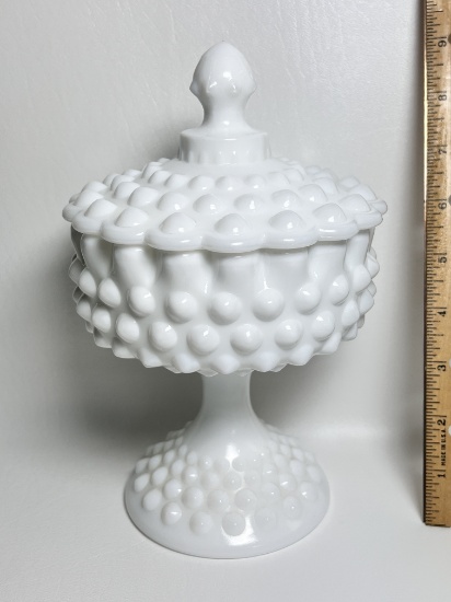 Vintage Fenton Hobnail Milk Glass Pedestal Dish with Lid