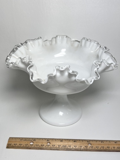 Fenton Milk Glass Silver Crest Compote with Ruffled Edge