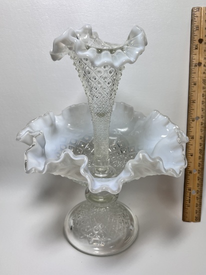 Fenton One-Horn 2-Tier Opalescent White Epergne with Ruffled Edges