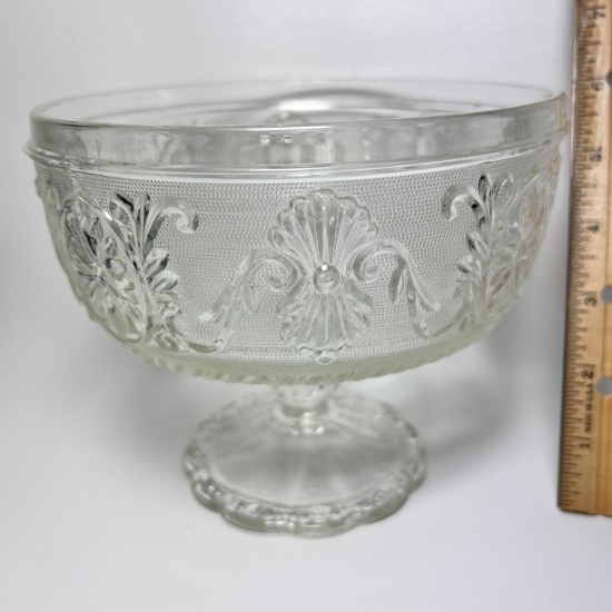 Heavy Embossed Indiana Glass Compote with Scroll & Flower Pattern
