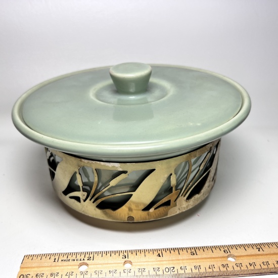 Vintage Lidded Dish with Inside Brass Holder with Cat Tail Design