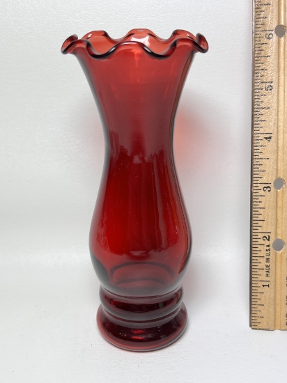 Ruffled Edge Ruby Red Glass Vase