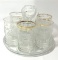 Vintage Clear Glass Caddy Juice Server with 6 Etched Glasses with Gold Trim