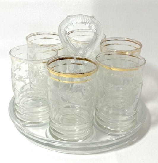 Vintage Clear Glass Caddy Juice Server with 6 Etched Glasses with Gold Trim