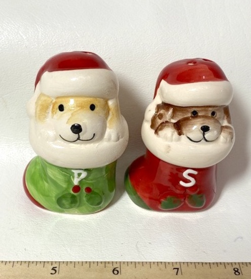 Vintage Dog in Christmas Stockings Salt and Pepper Shakers