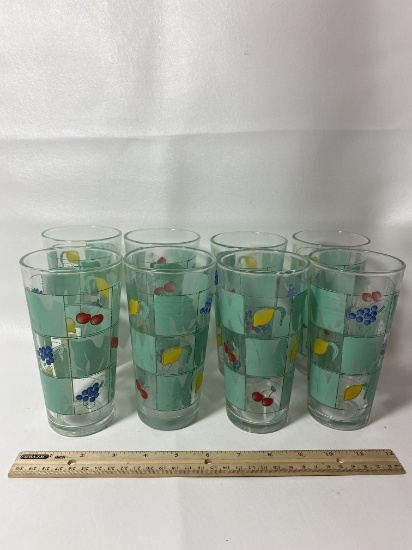Vintage Set of 8 Water Glasses with Fruit Print
