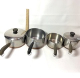 Set of 4 Revere Ware Stainless Steel Pots with Copper Bottom & 2 Lids
