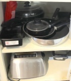Cabinet Lot of Plastic Prep Bowls, Toaster, Pots, and More