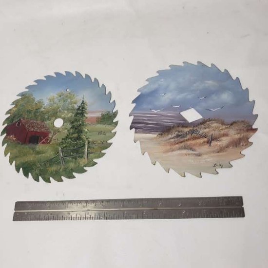Lot of 2 Hand Painted 7.5” Saw Blades - Signed “Billy”