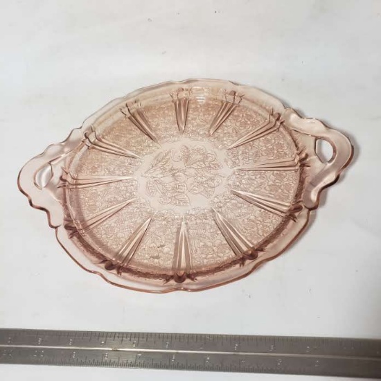 Jeanette Pink Depression Glass Cherry Blossom 2 Handled Tray