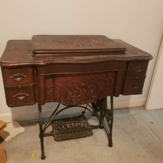 Antique New Home Sewing Machine Cabinet with Cast Iron Base