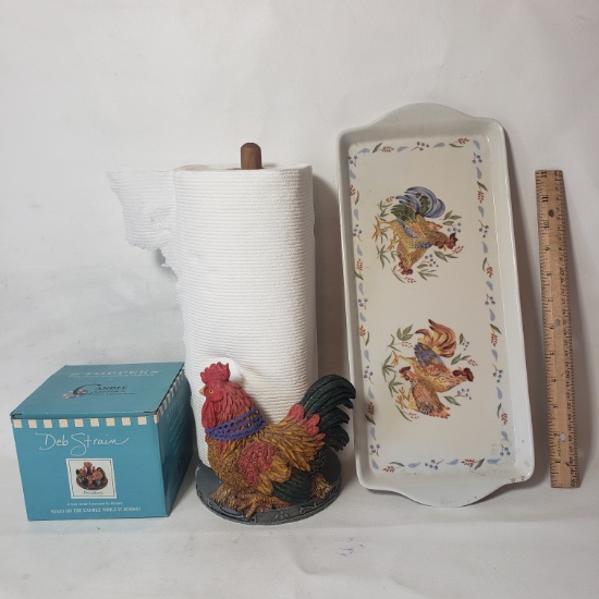 Lot of Rooster Décor - Candle Holder, Paper Towel Holder and Plastic Tray