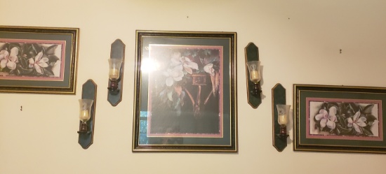 Decorative Wall Lot - 3 Magnolia Prints and Candleholders
