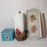 Lot of Rooster Décor - Candle Holder, Paper Towel Holder and Plastic Tray
