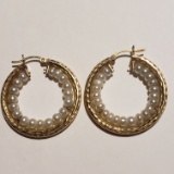 14K Gold and Pearl Hoop Earrings