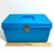 Vintage Blue Heavy Plastic Sewing Box with Various Sewing Notions, Buttons & Hair Rollers