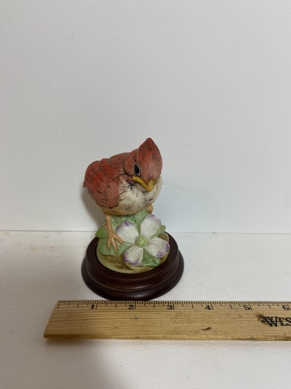 Vintage Baby Cardinal Chick Figurine Sadak with Wood Base