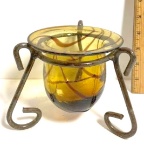 Amber Glass Candle Holder with Metal Stand