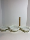 Vintage Spring Blossom Set of 3 Pyrex Green and White Bowls