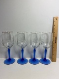 Vintage Set of 4 Cobalt BLue Stemmed Wine Glasses Trimmed in Gold