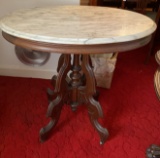 Antique Walnut Oval Marble Top End Table on Casters