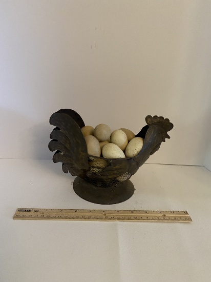 Tin Rooster Basket with Eggs