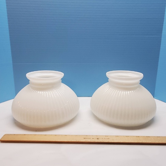 2 Ribbed Milk Glass Student Lamp Shades with 7” Fitters