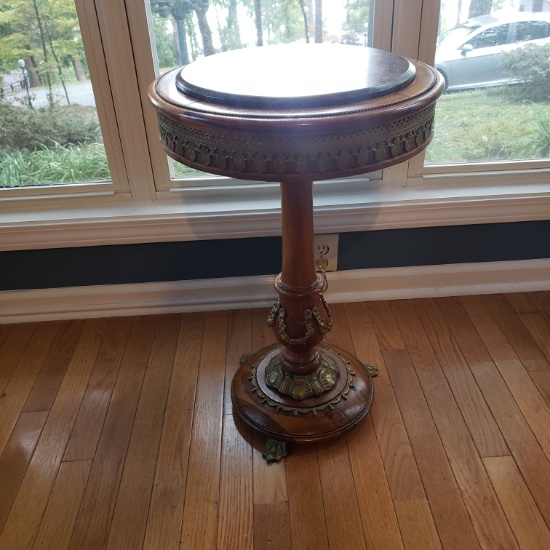 Drum Table with Marble Top and Brass Trim