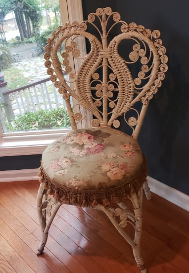 Vintage Upholstered Wicker Peacock Chair